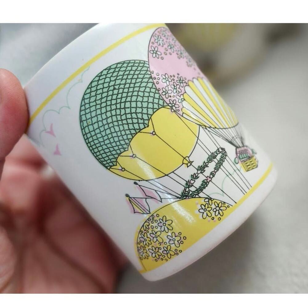 Set 6 Hot Air Balloon Coffee MUGS Kiln Craft Whimsical Pink Birds